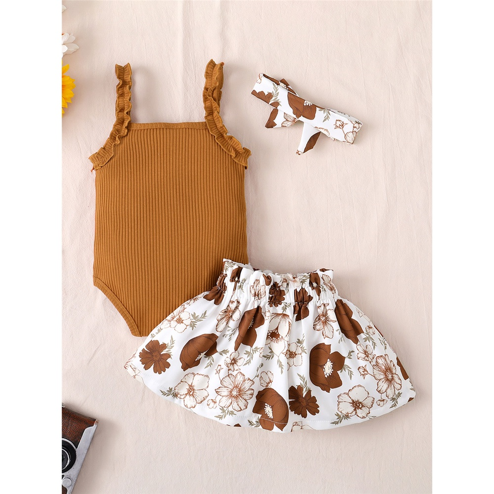 【3PCS】 0-18M Baby Girl Outfit | Brown Ribbed Cami Romper + Floral Skirt + Matching Headband | Cute Summer Set