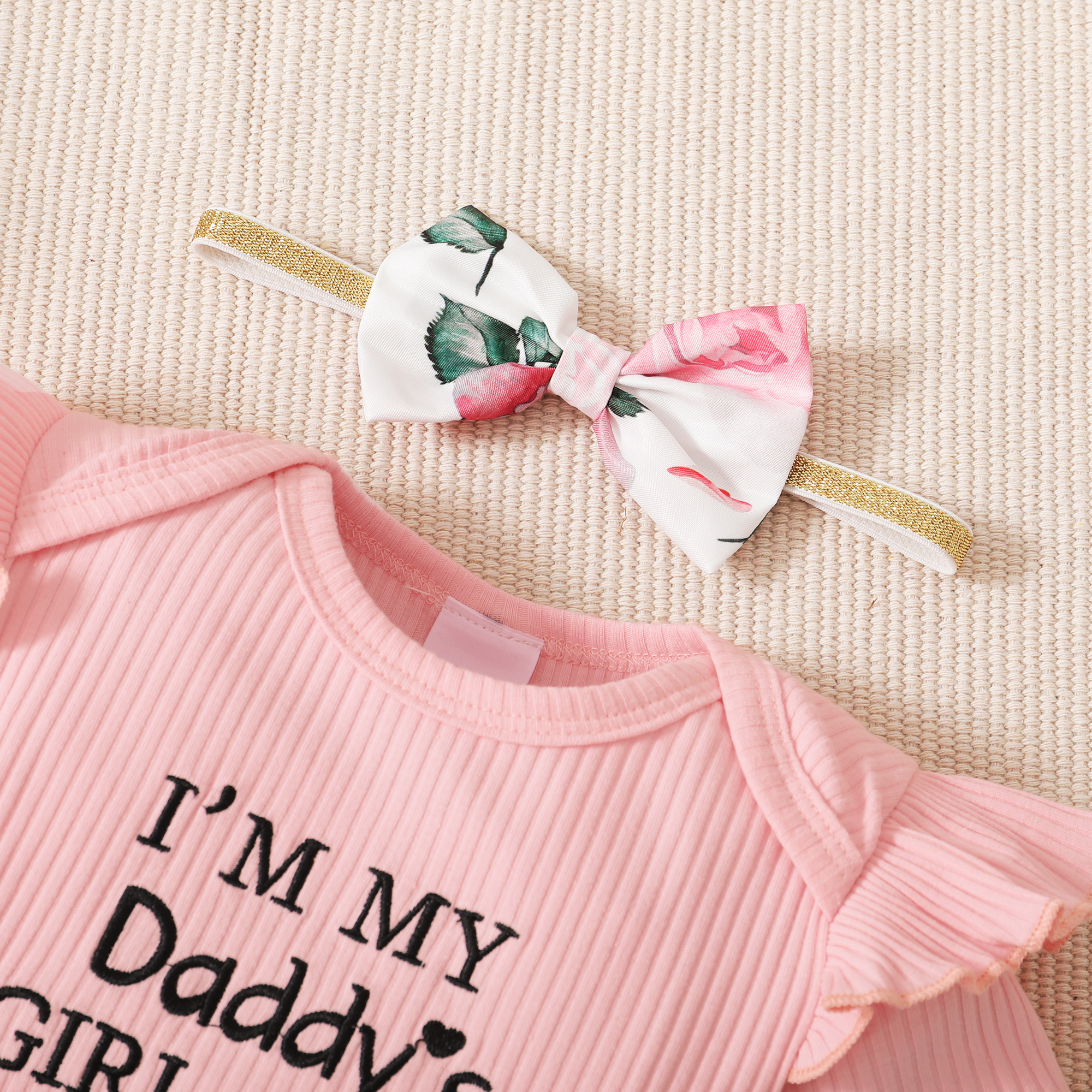 【3PCS】 0-18M Baby Girl Clothes Set | Ribbed "Daddy's Girl" Embroidery Romper + Floral Shorts + Bow Headband | Cute Summer Outfit