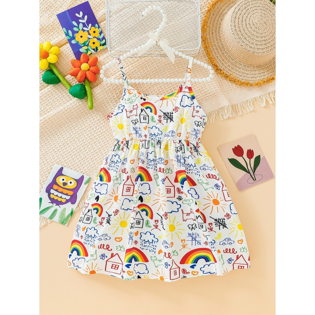 3-7Years Kids Girl White Cartoon Cute Print Pattern Suspender Summer Casual Beach Daily Birthday Party Dress Clothing Costumes