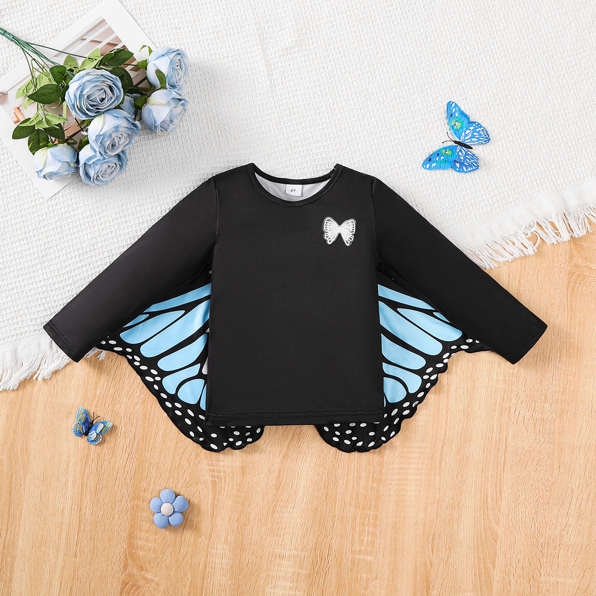 【4-7Y】 Toddler Girl Black Long Sleeve Top with Blue Butterfly Wing Print Back | Unique Fashion Wear