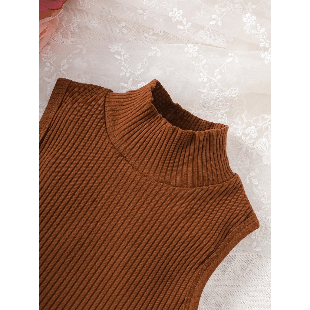 【2PCS】 2-7Y Toddler Girl Outfit | Brown Ribbed Turtleneck Tank Top + Black Faux Leather Skirt | Stylish Casual Set