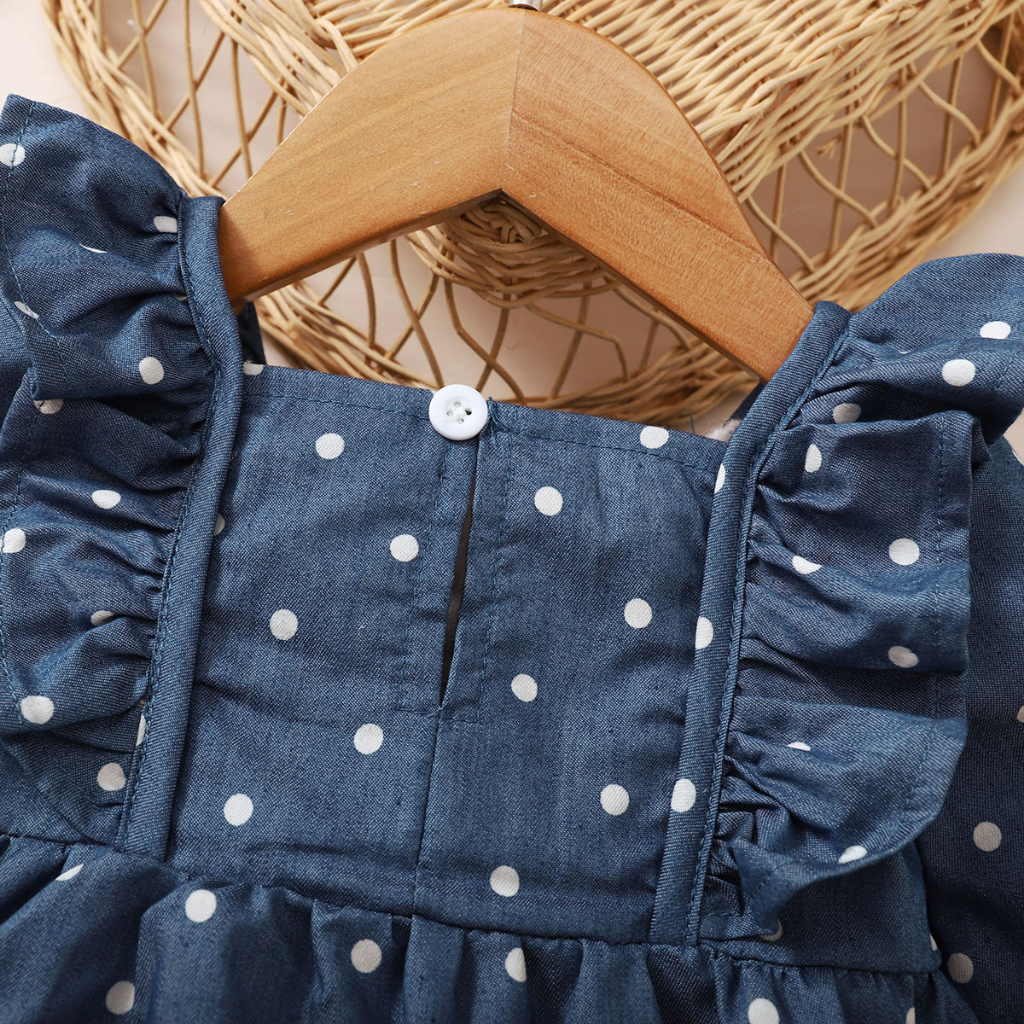 【3-24M】 Toddler Girl Casual Dress | Denim Blue Polka Dot Ruffle Long Sleeve Dress | Fashion Daily Wear
