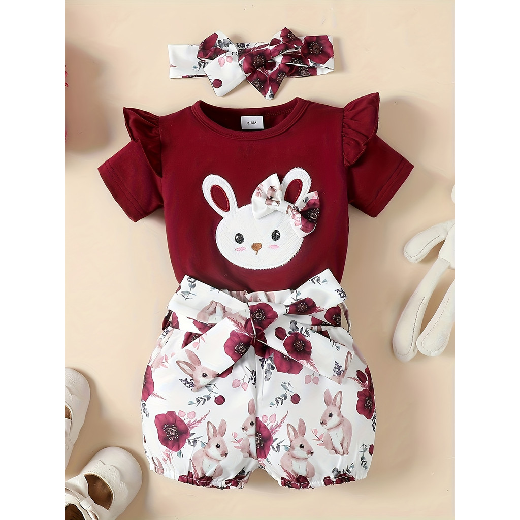0-3Y Girls' Bunny Applique Ruffle Romper & Floral Bloomer Set with Matching Headband | Soft Cotton 3-Piece Outfit, for Daily Wear & Photoshoots, Baby Girls
