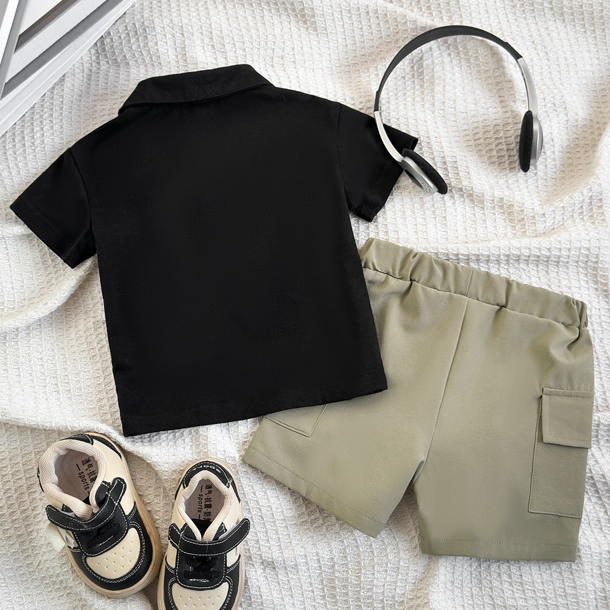 0-2Y color-blocked boys' clothing, shirt + cargo shorts, outdoor sportswear, suitable for parties and social gatherings, perfect for outdoor sports, cool, durable, and easy to clean