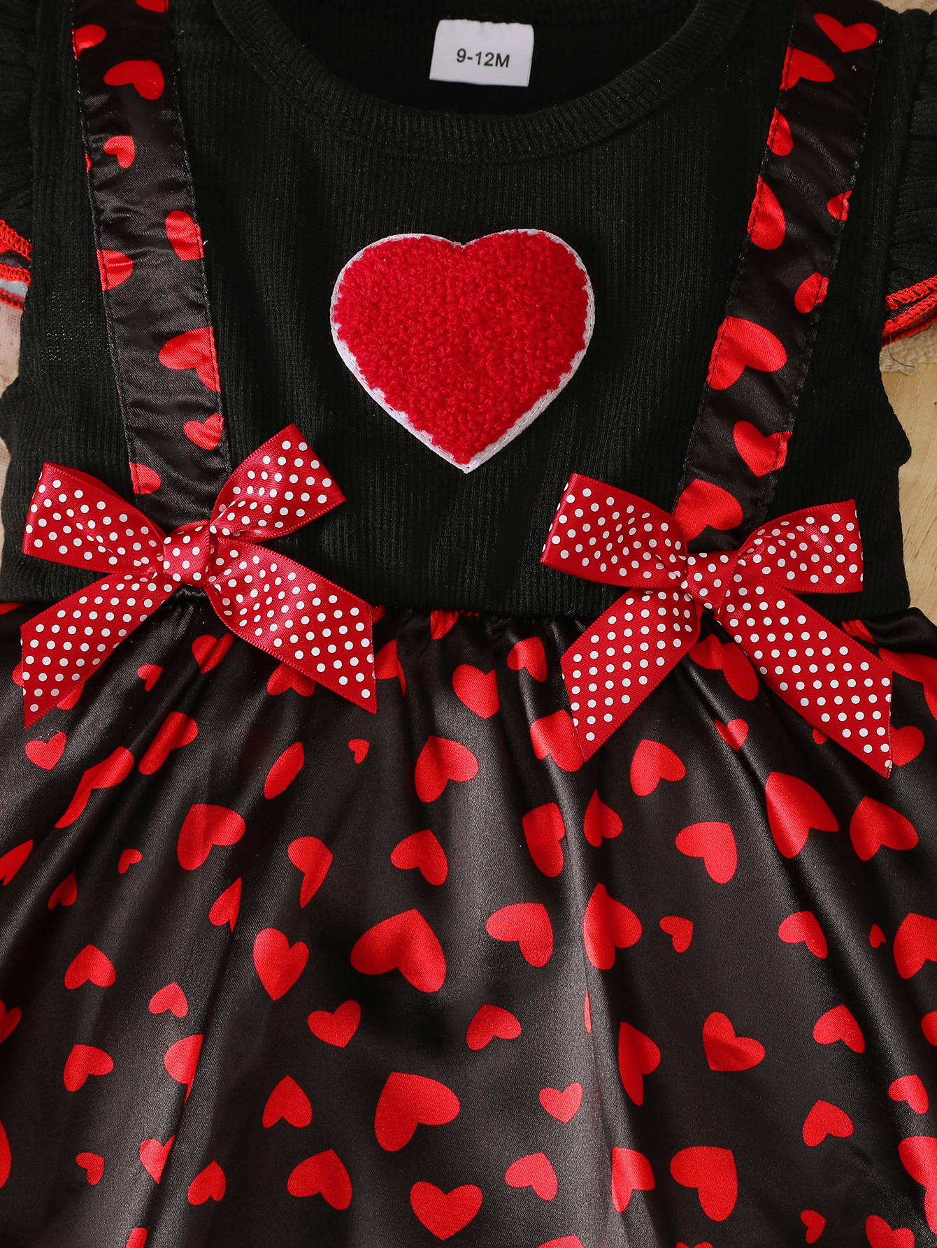 【2PCS】 3-24M Baby Girl Romper Set | Red Heart Print Black Romper Dress + Matching Sun Hat with Bow | Adorable Summer Outfit