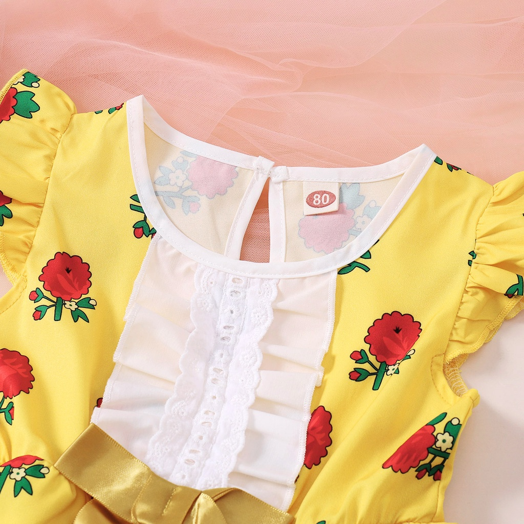 【12M-6Y】 Baby Girl Floral Dress | Yellow Rose Print Sleeveless Dress with Lace Ruffle & Satin Bow | Cute Daily Outfit
