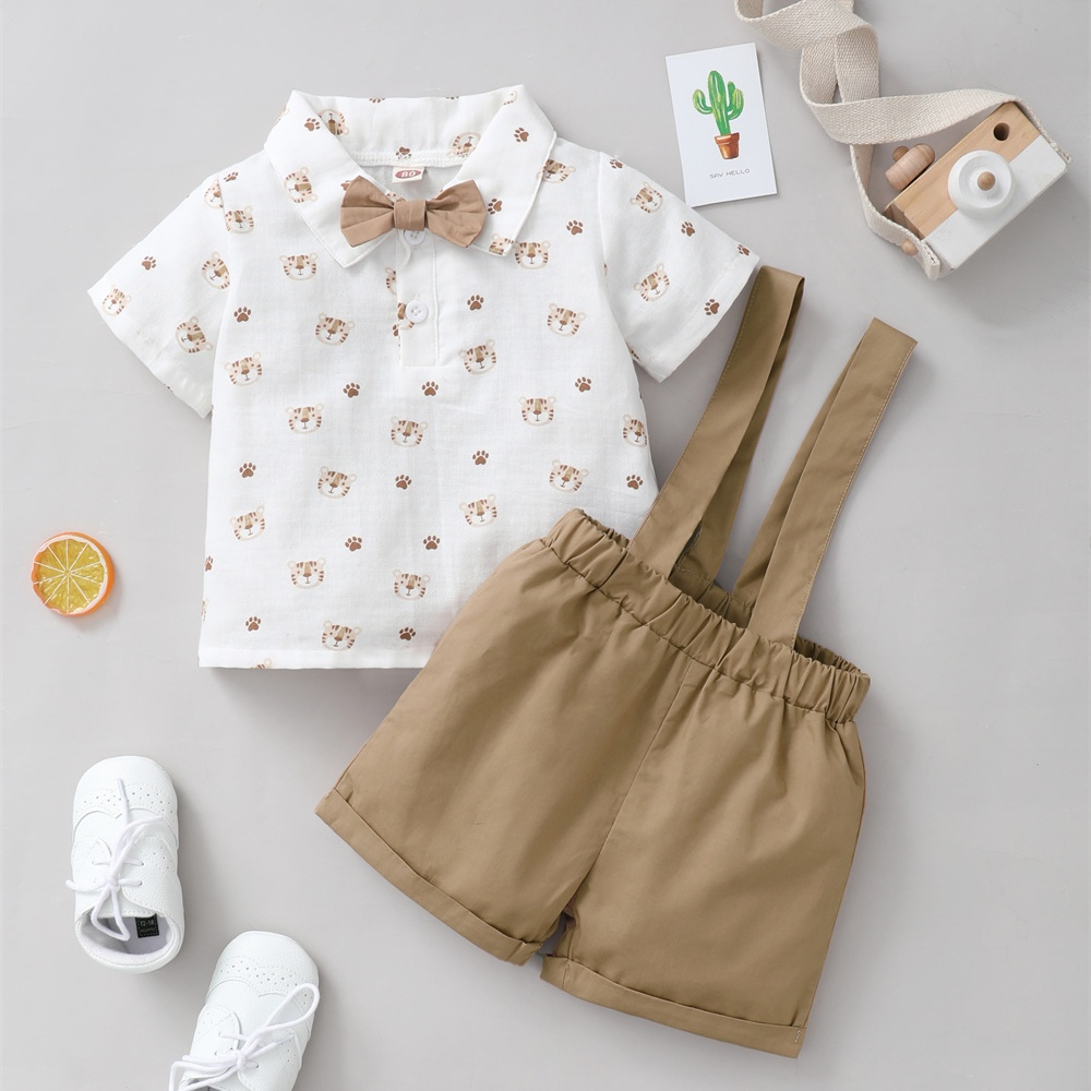【3-24M】 2PCS Toddler Boy Outfit: Tiger Print Short-Sleeve Collared Shirt with Bow Tie + Khaki Suspender Shorts – Gentleman Style Summer Casual Set