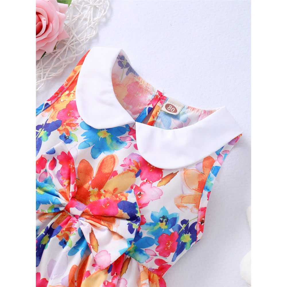 【3-24M】 Baby Girl Floral Dress | Colorful Watercolor Print Sleeveless Dress with Peter Pan Collar | Fashion Daily Wear