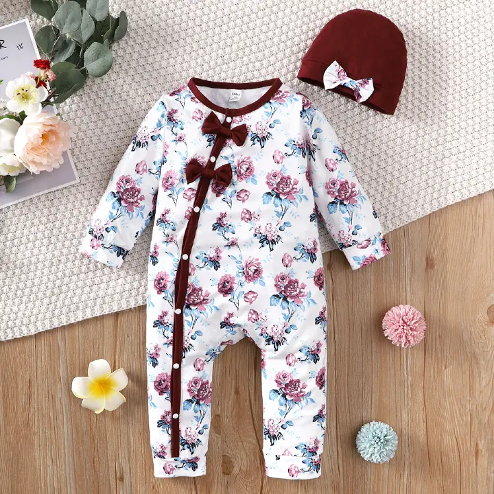【2PCS】 3-24M Baby Girl Romper Set | Floral Print Long Sleeve Jumpsuit with Bow + Matching Maroon Hat | Elegant Newborn Outfit baby clothes