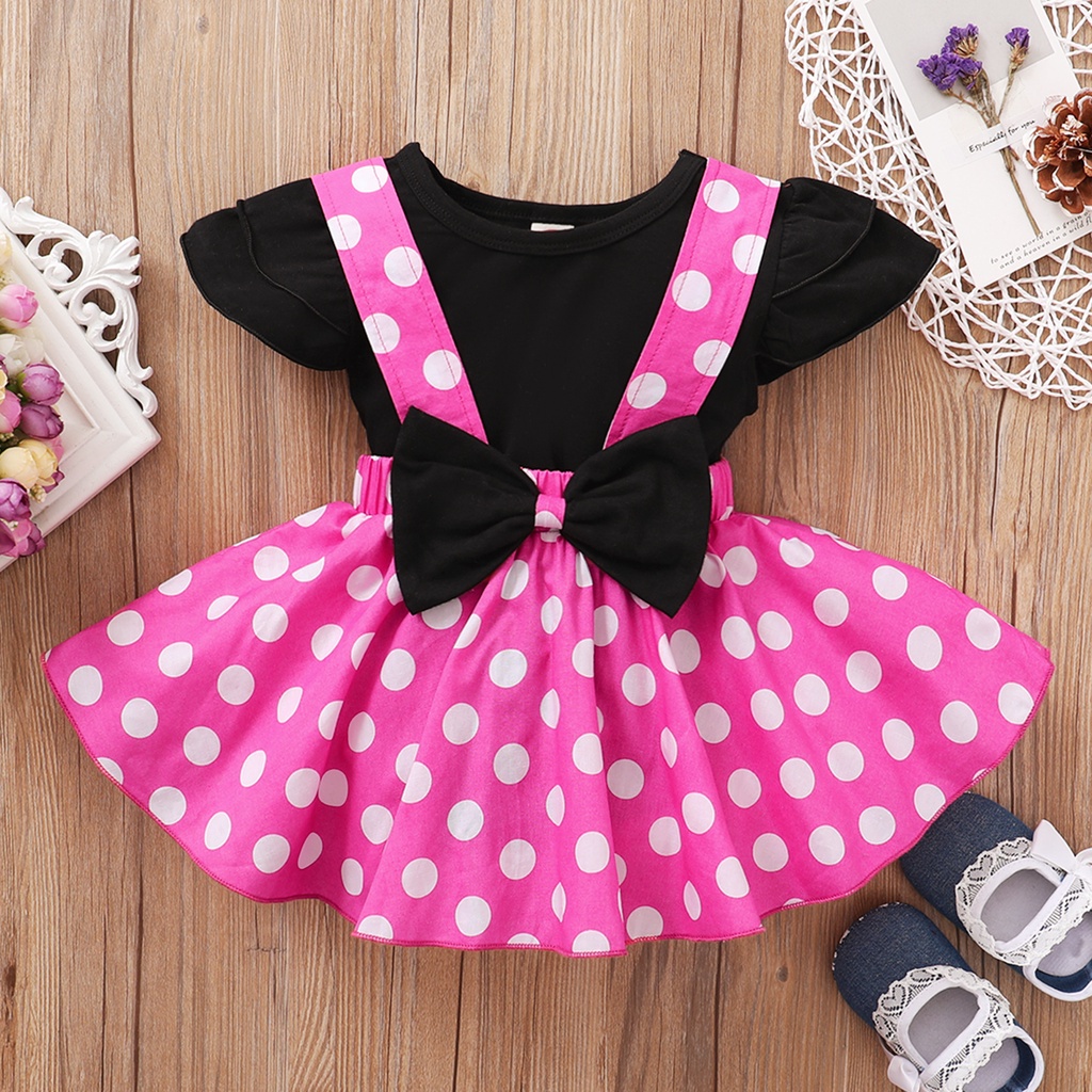 1-6 Years Kid Girl Clothing Set Solid Short Sleeves T-shirt Bow Polka Dot Skirt