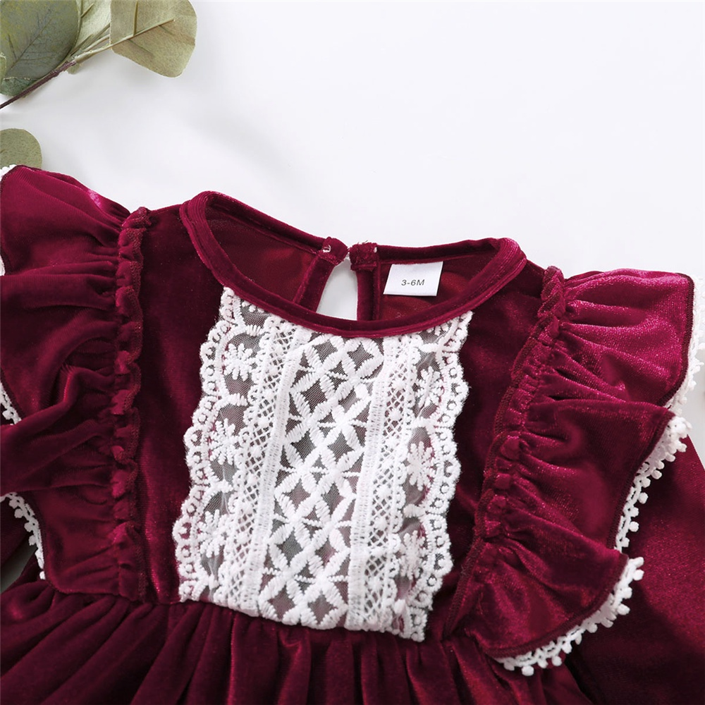 Catpapa girl | 【3-18M】 Toddler Girl Velvet Dress | Wine Red Long Sleeve Dress with Lace Ruffle Trim | Elegant Party Outfit | 3 months baby girl dress | Kids fancy dresses | Baby girl dresses