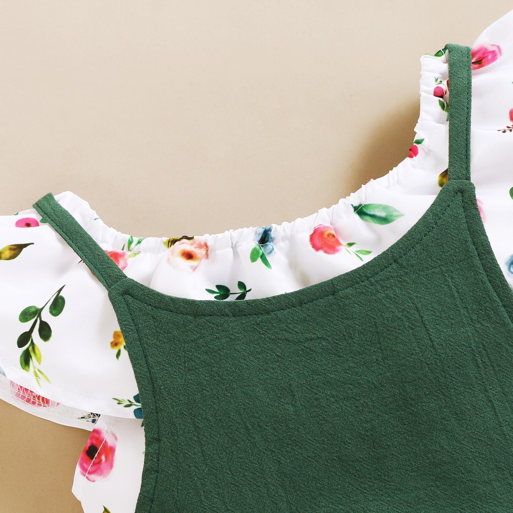 【2PCS】 12M-5Y Toddler Girl Summer Outfit | Floral Off-Shoulder Top + Green Overalls Pants | Casual Two-Piece Set