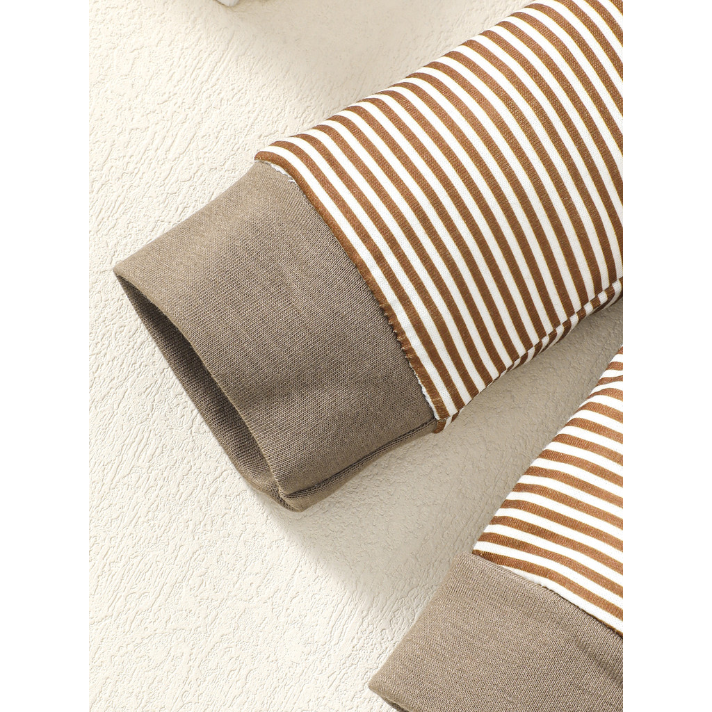 【2PCS】 6-18M Baby Boy Formal Outfit | Brown Striped Bow Tie Shirt + Solid Pants | Gentleman Casual Set
