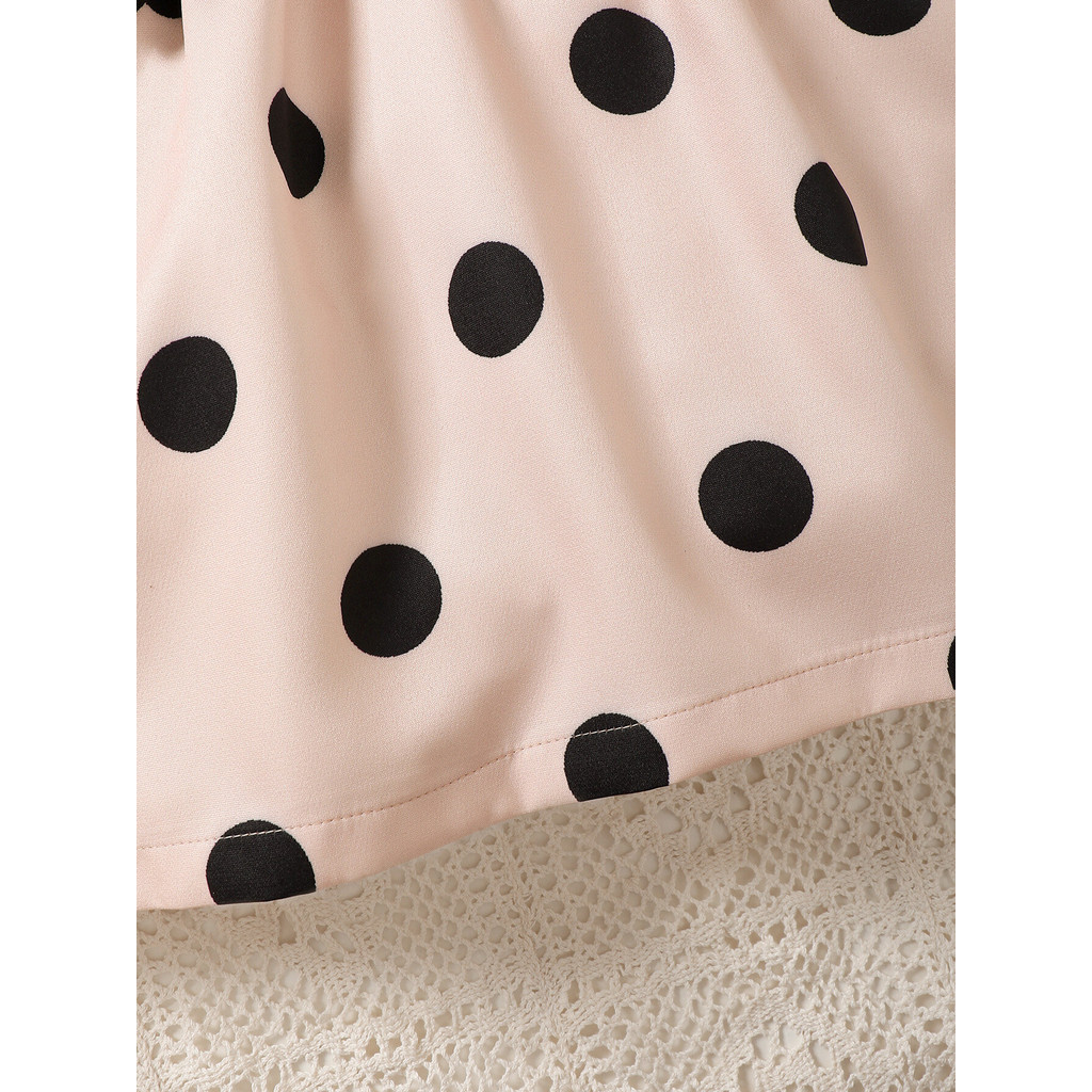 【4-7Y】 Toddler Girl Casual Dress | Black Ribbed Ruffle Sleeve Dress with Beige Polka Dot Skirt + Bow Belt | Fashion Daily Wear
