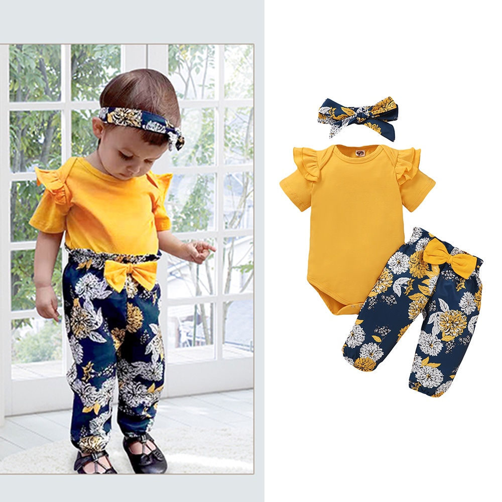 【3PCS】 0-18M Baby Girl Clothes Set | Yellow Ruffle Sleeve Romper + Floral Print Pants + Bow Headband | Cute Summer Outfit