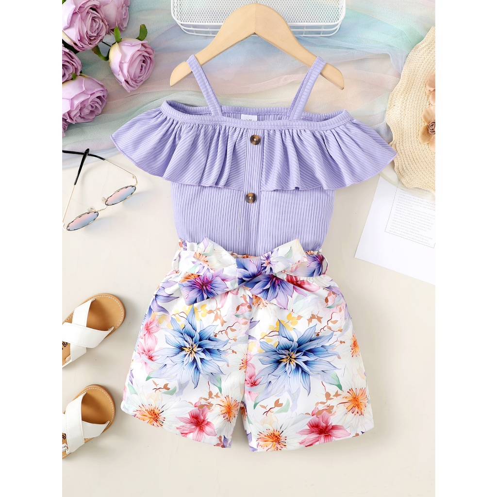 【2PCS】 4-7Y Baby Girl Summer Set | Purple Off-Shoulder Ruffle Top + Floral Print Shorts | Fashion Casual Outfit