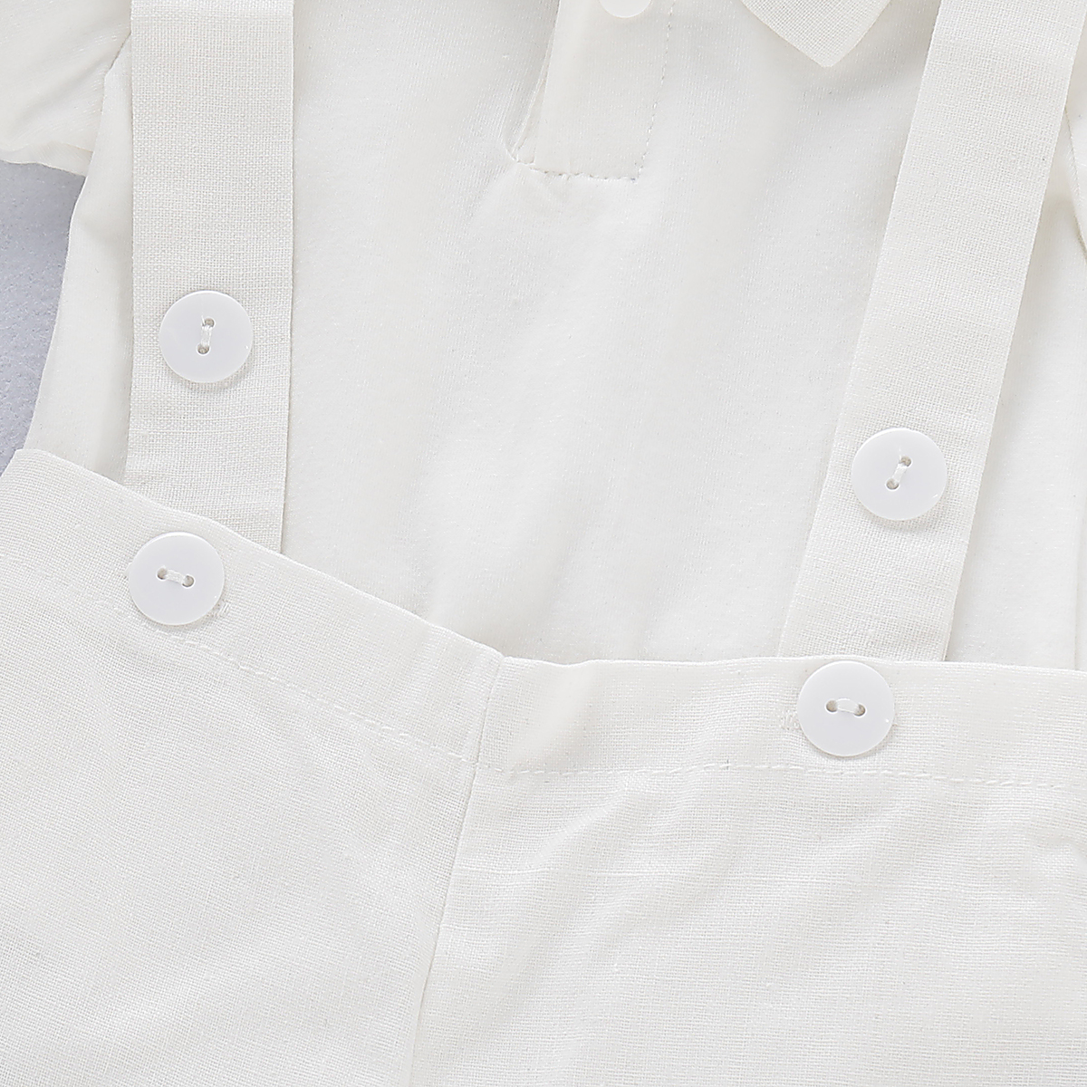 【2PCS】 6-24M Baby Boy Formal Outfit | White Bow Tie Romper + Suspender Shorts | Gentleman Party Wear