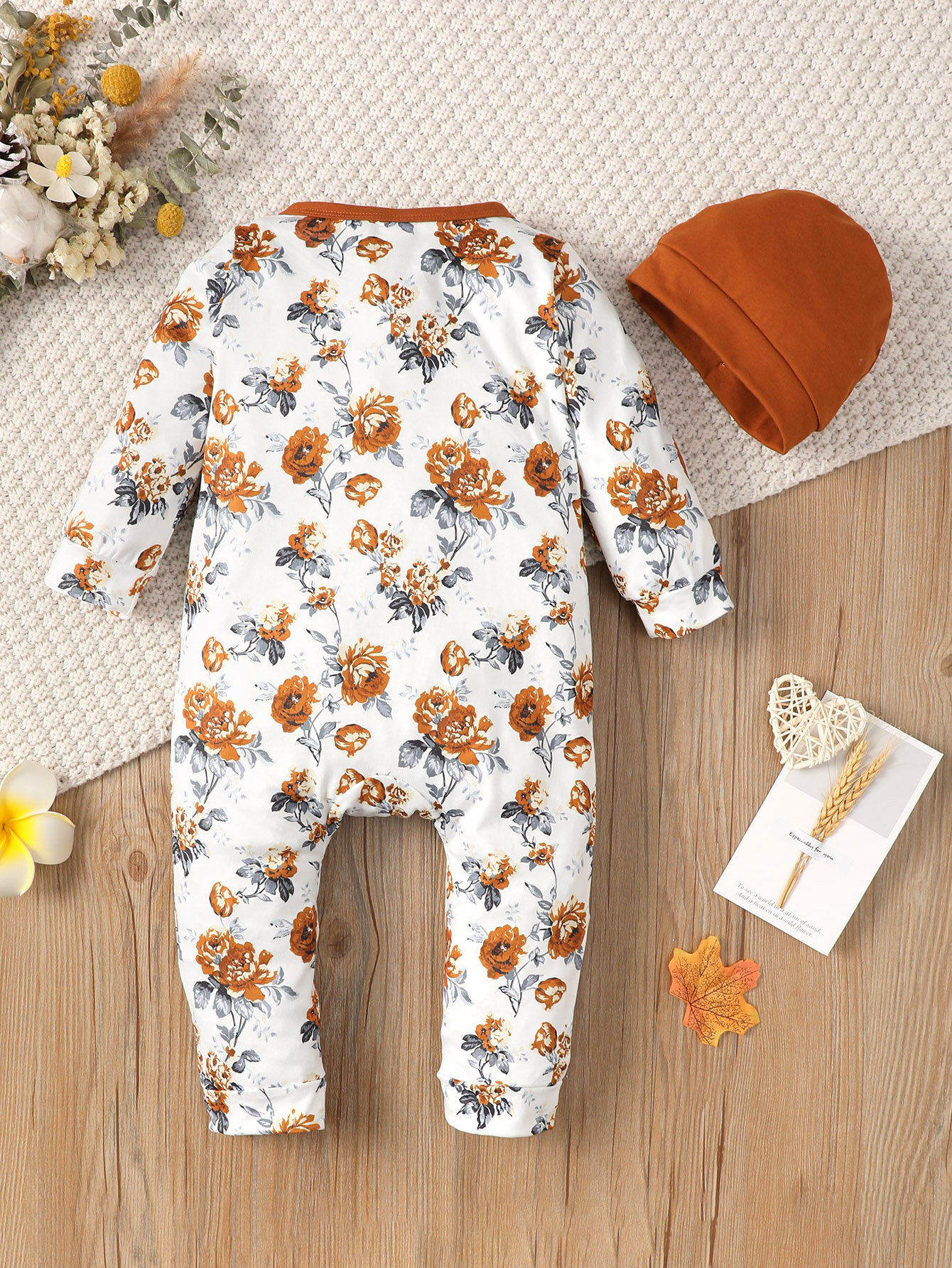 Catpapa girl | 【2PCS】 3-24M Baby Girl Set | Floral Print Long Sleeve Romper with Bow + Matching Orange Hat | Cute Fall Outfit | Cute baby dresses | BabySuit | Babies dress