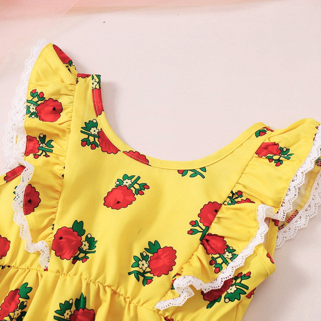 【2PCS】 12M-5Y Toddler Girl Outfit | Yellow Rose Print Lace Trim Dress + Matching Bow Headband | Casual Summer Set