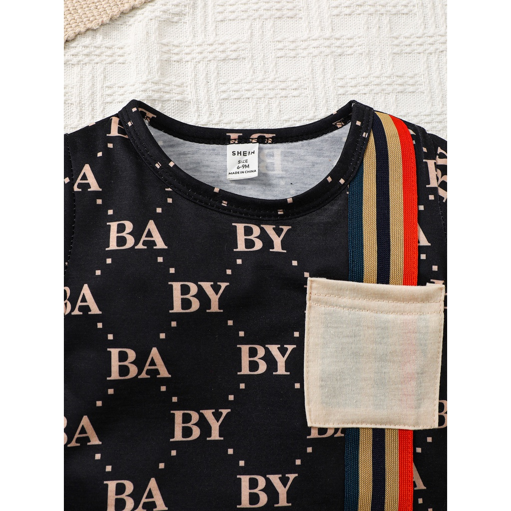 【6M-3Y】 2PCS Toddler Boy Outfit | Allover Letter Print T-shirt with Contrast Pocket + Striped Shorts | Trendy Casual Set
