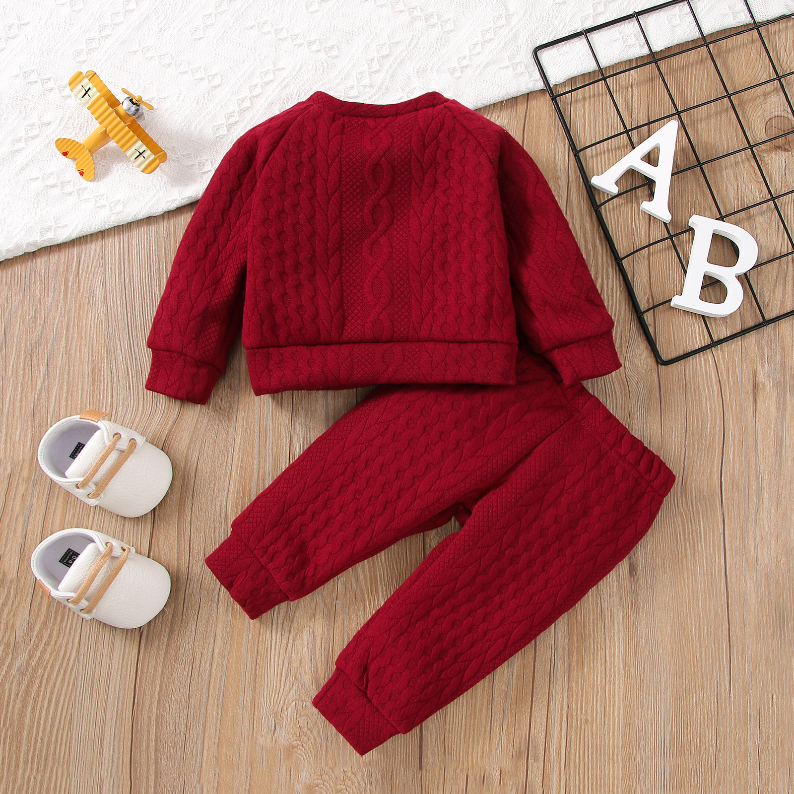 【2PCS】 0-3Y Toddler Baby Clothes Set | Red Cable Knit Sweatshirt + Matching Pants | Warm Casual Wear