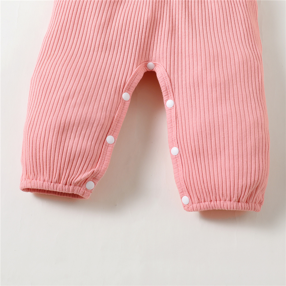 【2PCS】 0-12M Baby Girl Outfit | Pink Ribbed Ruffle Trim Romper with Bow + Matching Headband | Soft Casual Wear
