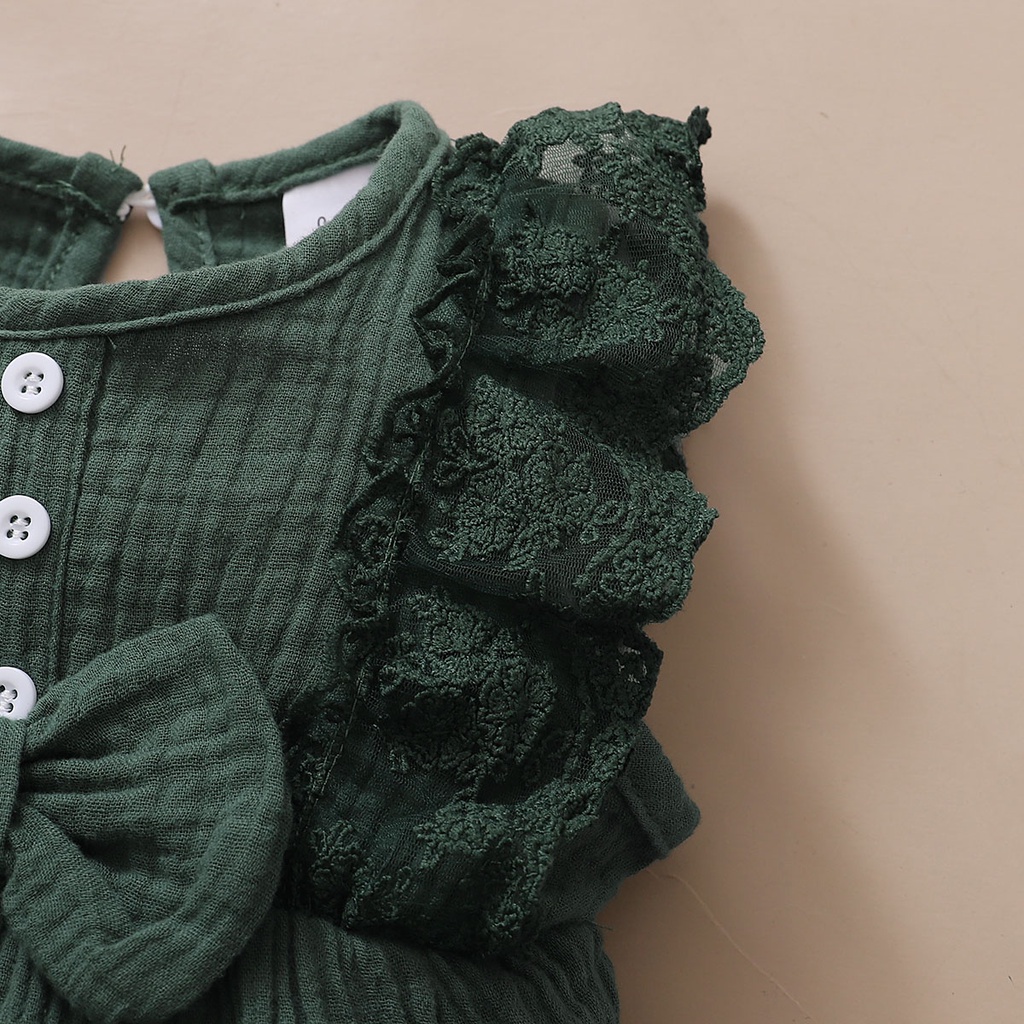 【2PCS】 0-18M Baby Girl Outfit | Dark Green Lace Trim Romper with Bow + Matching Bow Headband | Stylish Newborn Set