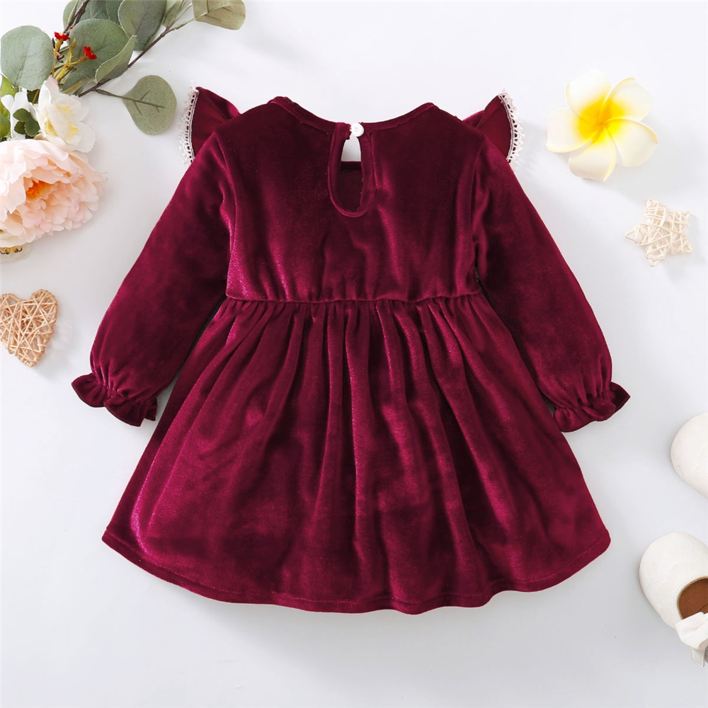 Catpapa girl | 【3-18M】 Toddler Girl Velvet Dress | Wine Red Long Sleeve Dress with Lace Ruffle Trim | Elegant Party Outfit | 3 months baby girl dress | Kids fancy dresses | Baby girl dresses