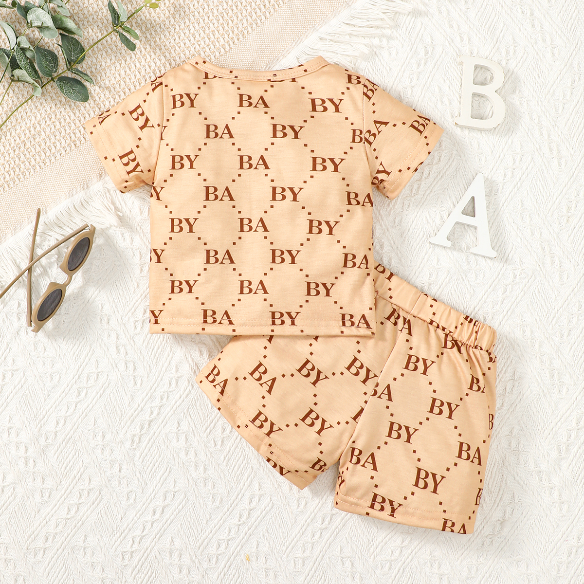 【0-3Y】 2PCS Toddler Boy Outfit | Allover Letter Print T-shirt with Contrast Pocket + Striped Shorts | Trendy Light Luxury Style Set