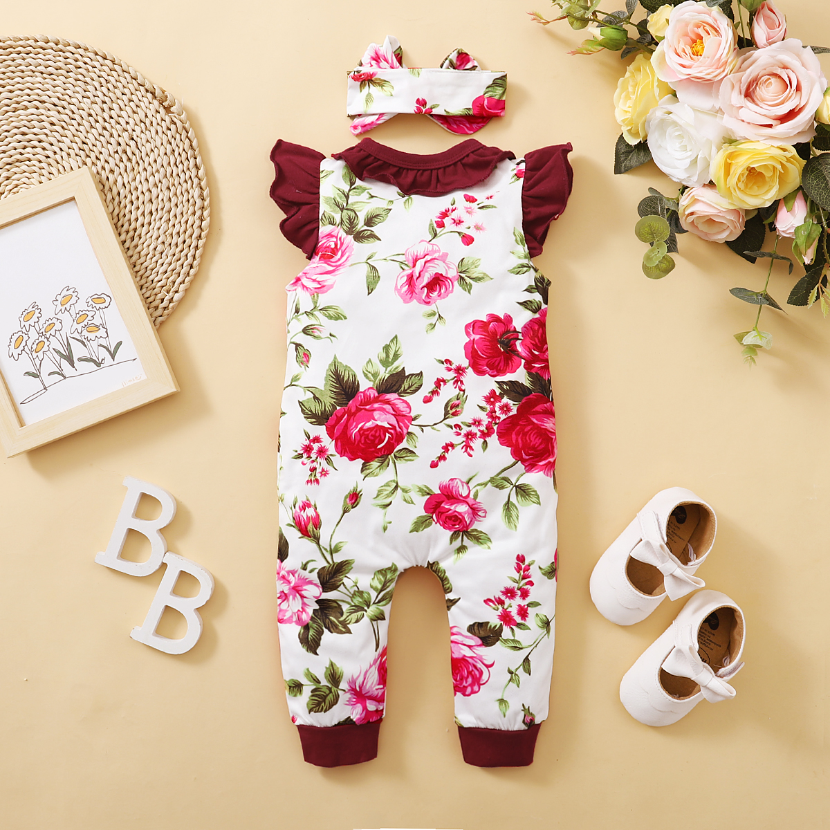 0-4Y Girls' Floral Print Ruffle Romper & Headband Set | Soft Sleeveless Jumpsuit, for Daily Wear & Photoshoots, Baby Girls