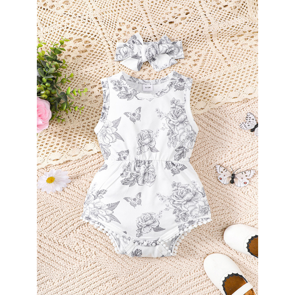 【3-24M】 2PCS Baby Girl Outfit: Floral Print Sleeveless Romper with Pom Pom Trim + Matching Headband – Cute Spring & Summer Party Set