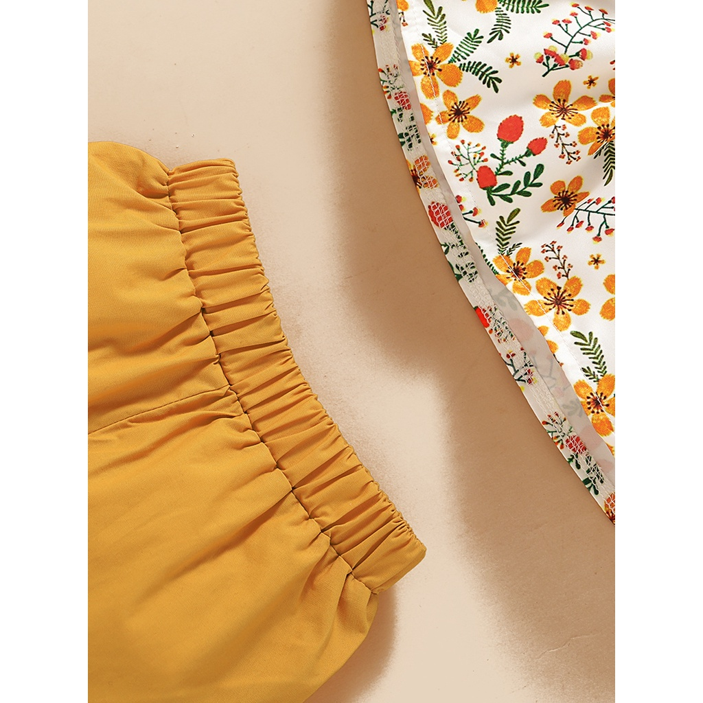 【3PCS】 12M-5Y Baby Girl Set | Floral Print Fly-Sleeve Top + Yellow Ruffle Shorts + Matching Headband | Cute Summer Wear