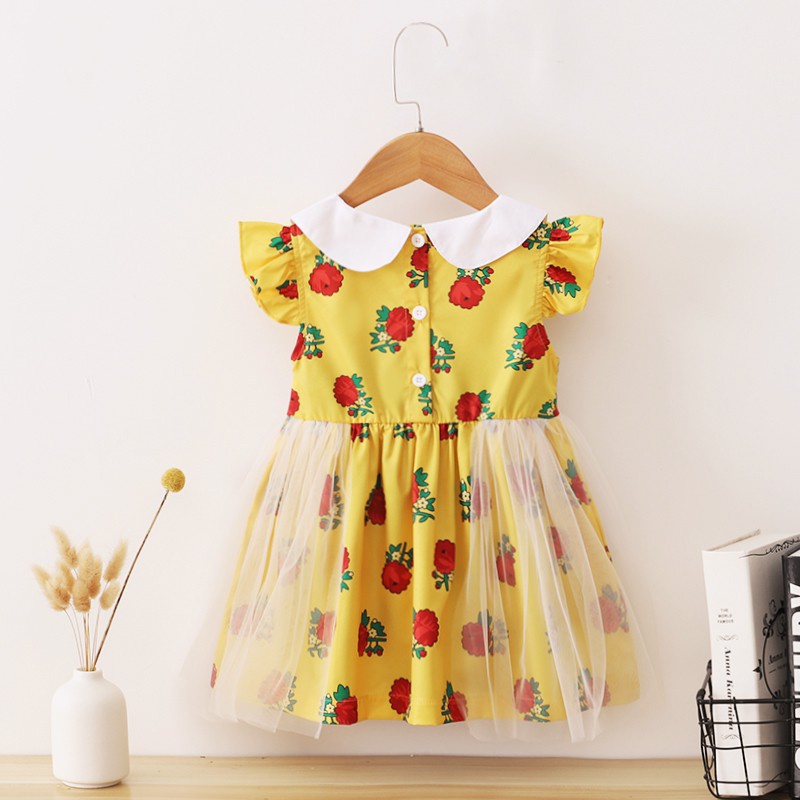 【18-6Y】 Toddler Girl Casual Dress | Yellow Rose Print Ruffle Sleeve Mesh Dress with White Bows | Sweet Summer Wear