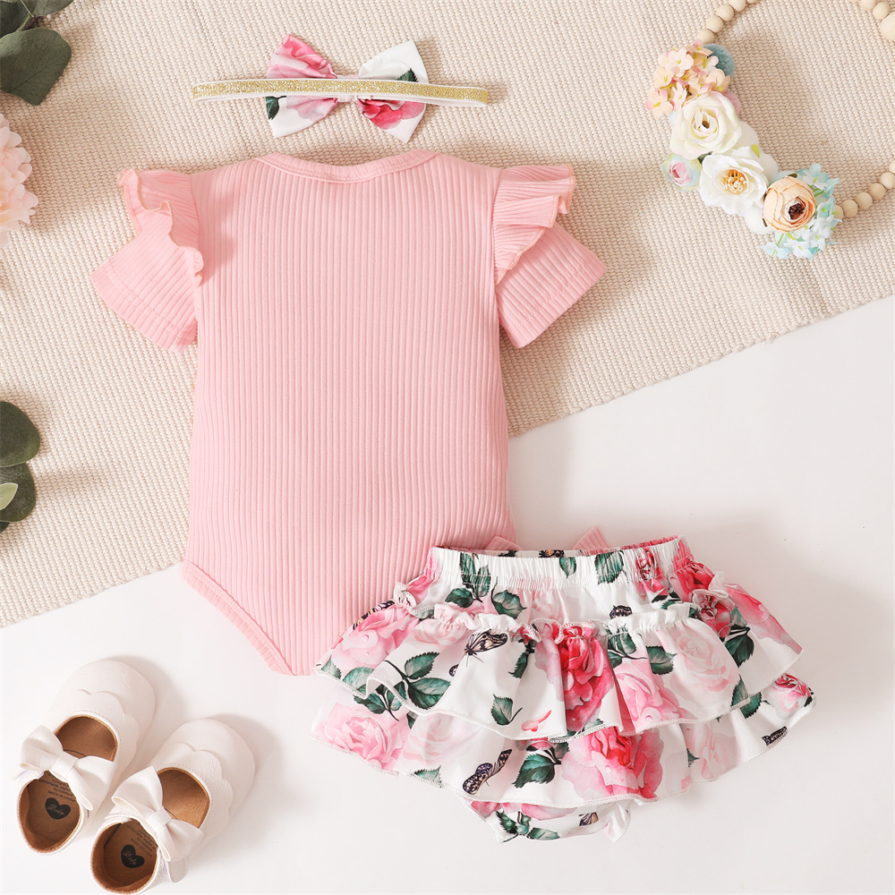 【3PCS】 0-18M Baby Girl Clothes Set | Ribbed "Daddy's Girl" Embroidery Romper + Floral Shorts + Bow Headband | Cute Summer Outfit