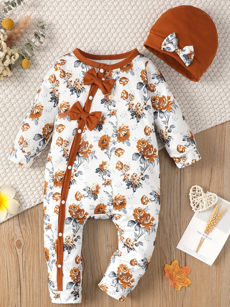 Catpapa girl | 【2PCS】 3-24M Baby Girl Set | Floral Print Long Sleeve Romper with Bow + Matching Orange Hat | Cute Fall Outfit | Cute baby dresses | BabySuit | Babies dress