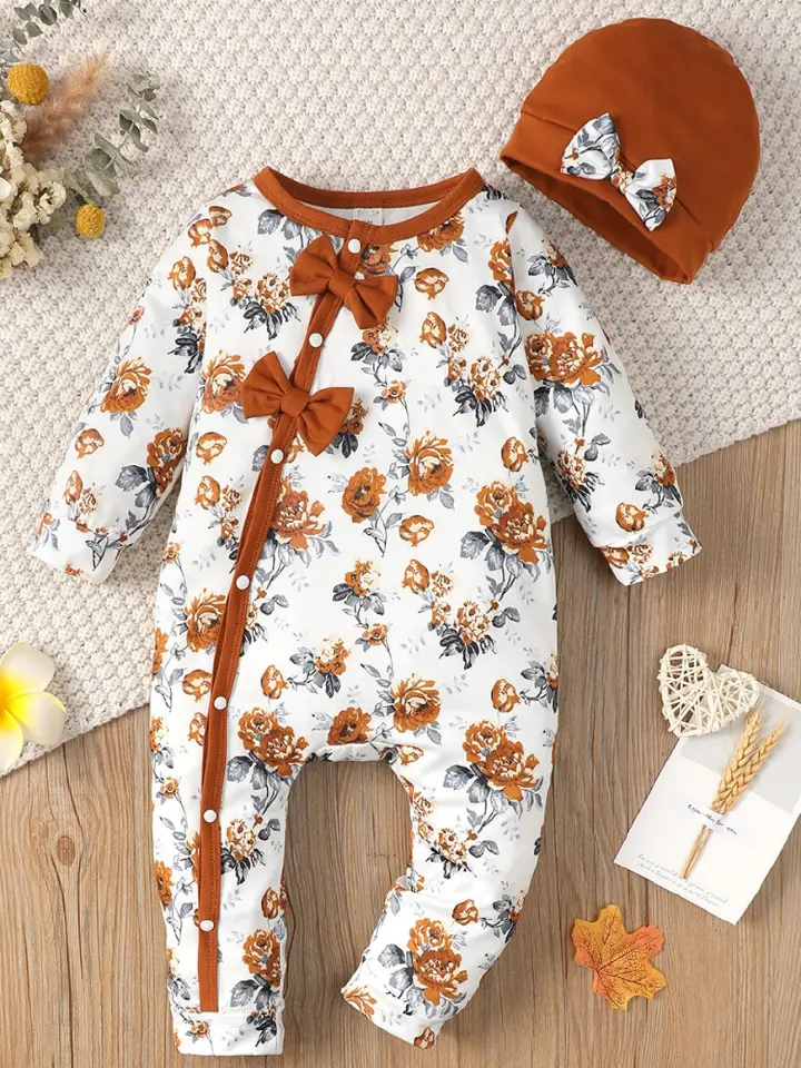 Catpapa girl | 【2PCS】 3-24M Baby Girl Set | Floral Print Long Sleeve Romper with Bow + Matching Orange Hat | Cute Fall Outfit | Cute baby dresses | BabySuit | Babies dress