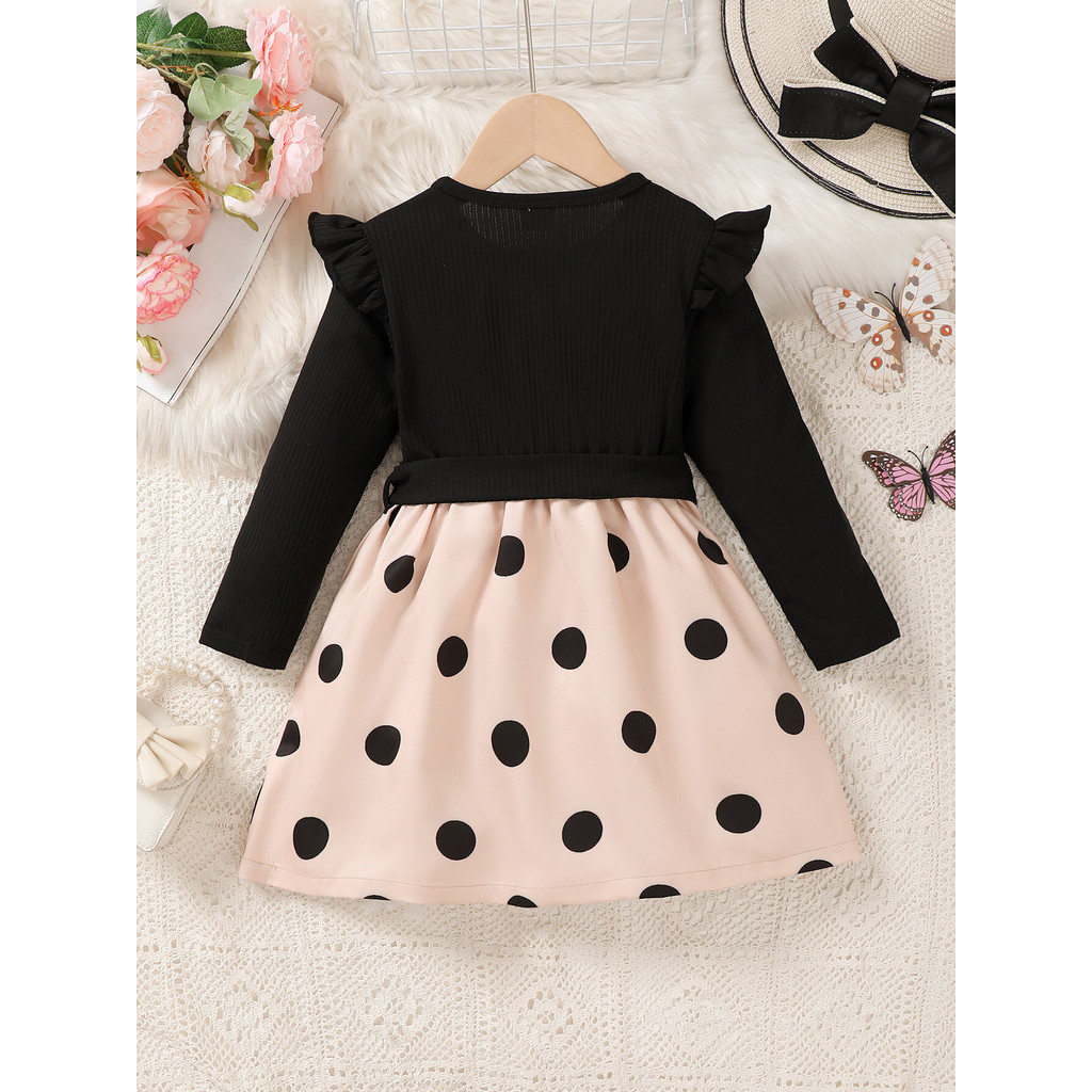 【4-7Y】 Toddler Girl Casual Dress | Black Ribbed Ruffle Sleeve Dress with Beige Polka Dot Skirt + Bow Belt | Fashion Daily Wear