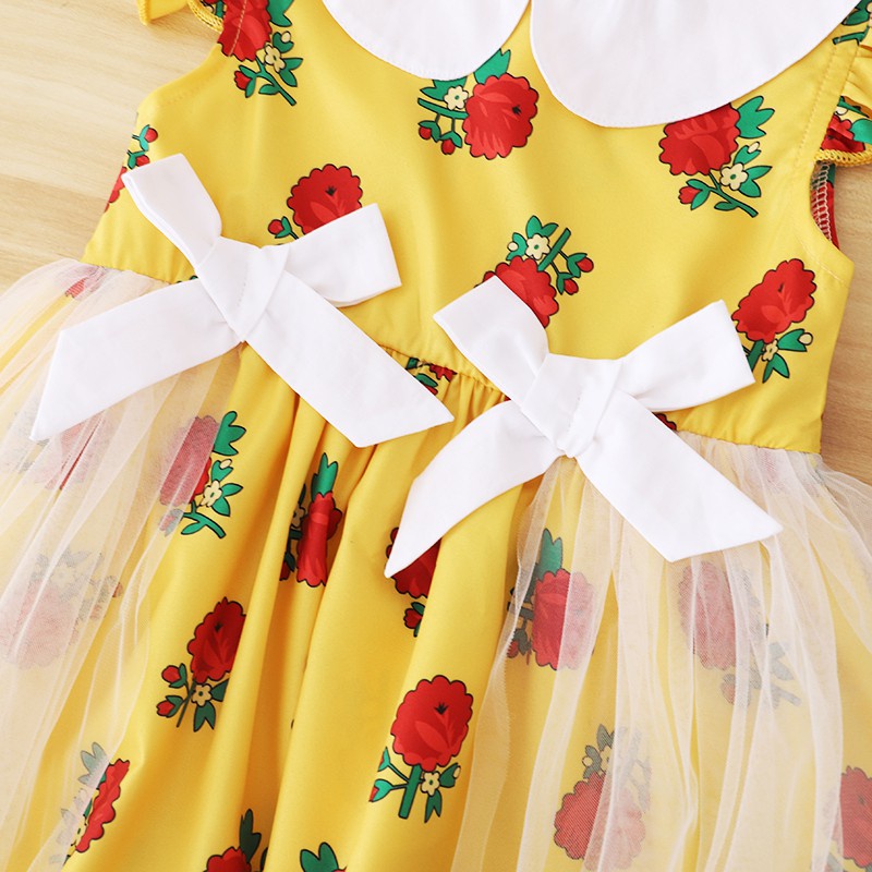 【18-6Y】 Toddler Girl Casual Dress | Yellow Rose Print Ruffle Sleeve Mesh Dress with White Bows | Sweet Summer Wear