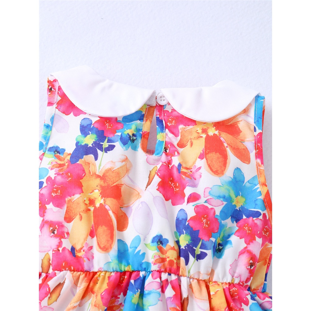 【3-24M】 Baby Girl Floral Dress | Colorful Watercolor Print Sleeveless Dress with Peter Pan Collar | Fashion Daily Wear