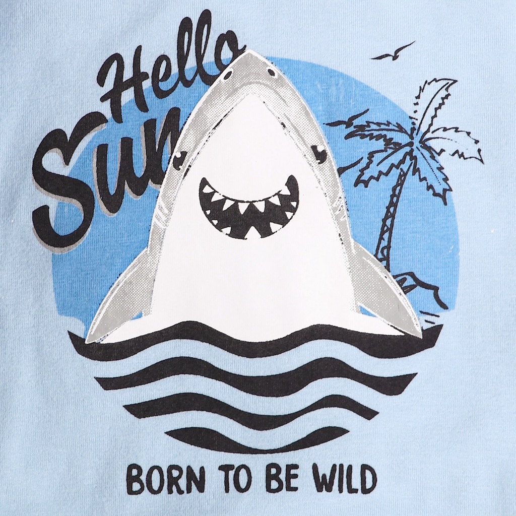 【3-18M】 2PCS Baby Boy Summer Outfit: Shark Print Short-Sleeve Bodysuit + Tropical Palm Print Shorts – Casual Beach Style Set