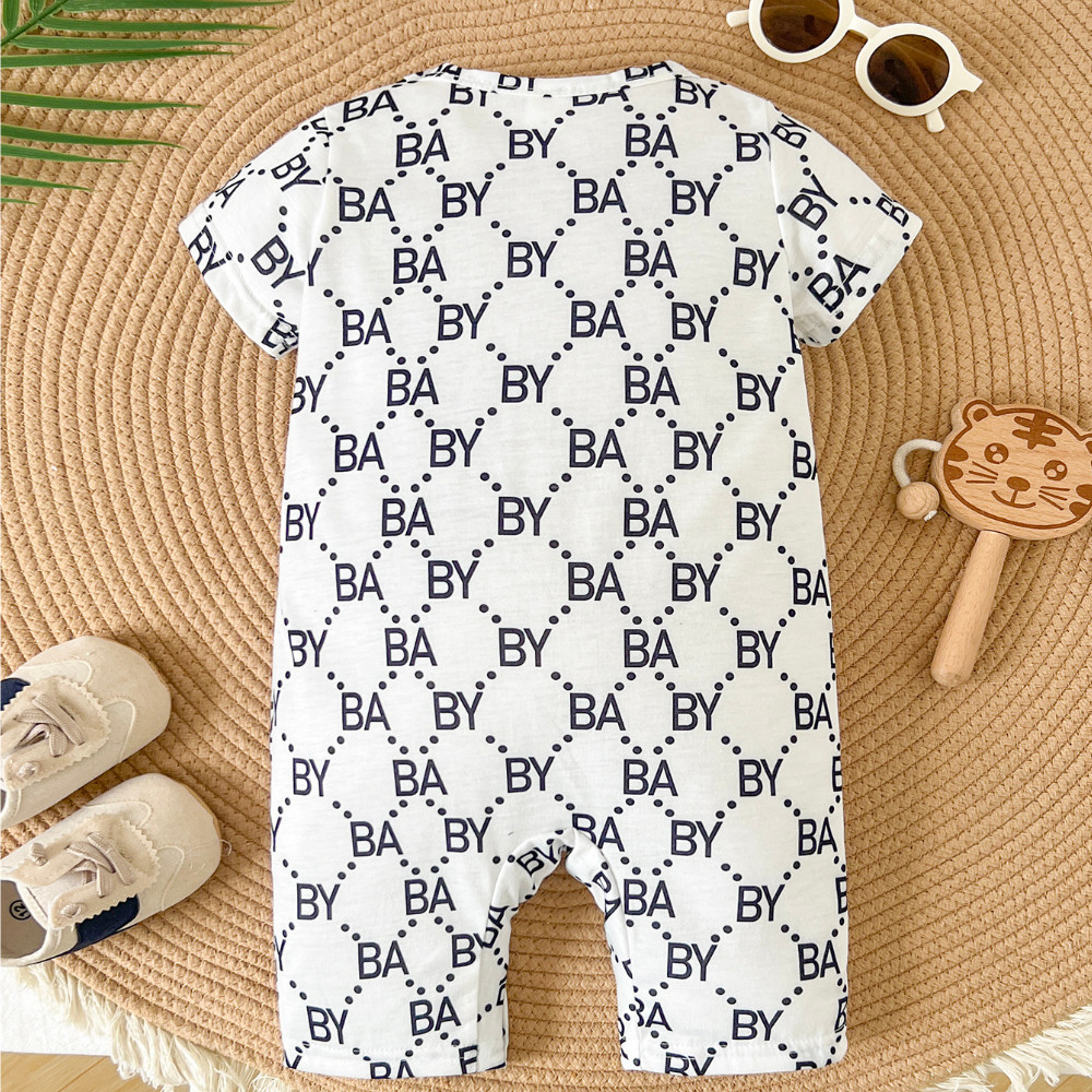 【0-18M】 Baby Boy Romper | "BA BY" Print Short Sleeve Jumpsuit with "LOVE" Zipper Detail | Stylish Newborn Wear