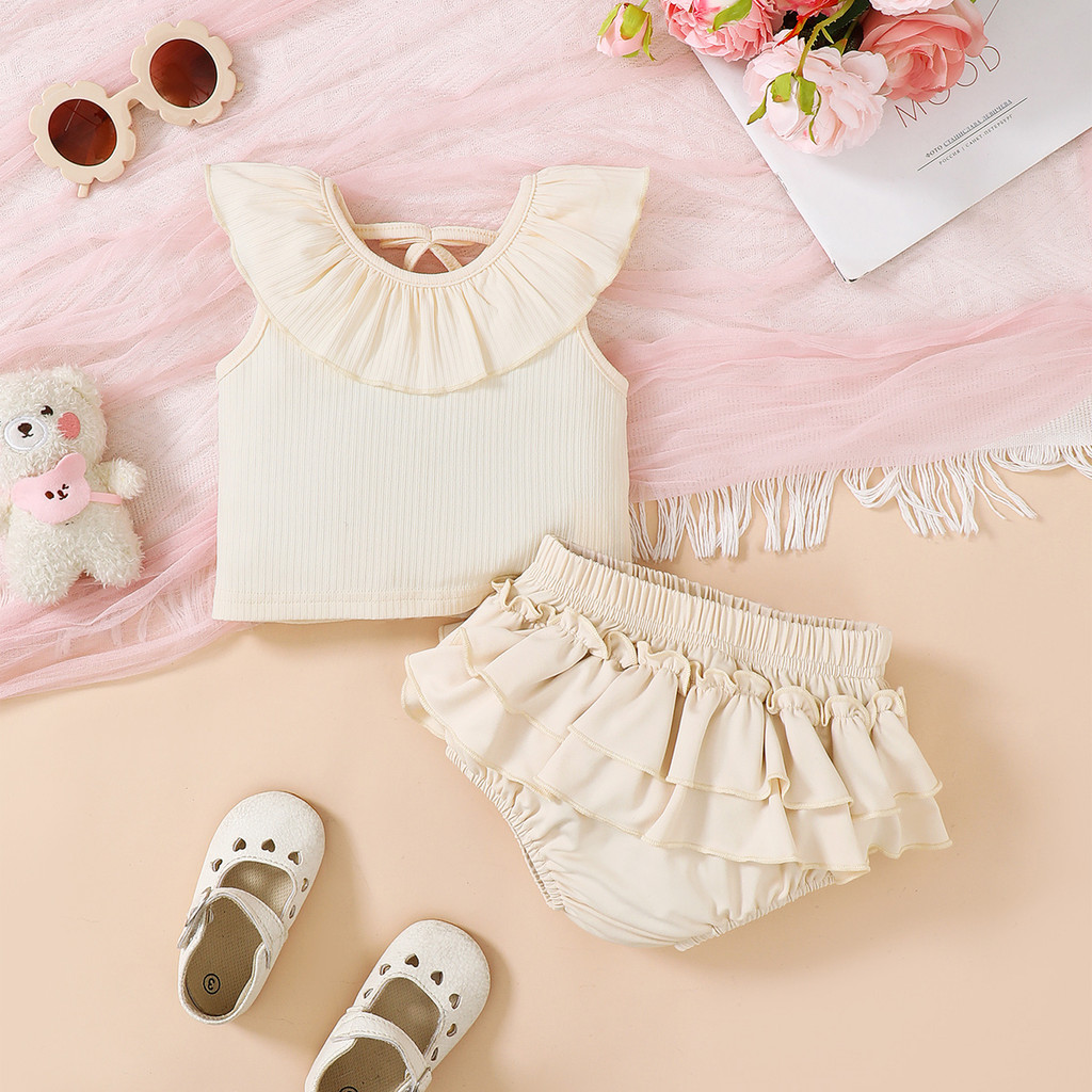 【2PCS】 6M-3Y Baby Girl Set | Cream Ruffle Neck Tank Top + Tiered Ruffle Bloomer Skirt | Casual Cute Outfit