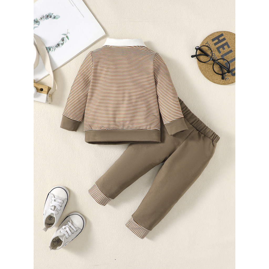 【2PCS】 6-18M Baby Boy Formal Outfit | Brown Striped Bow Tie Shirt + Solid Pants | Gentleman Casual Set