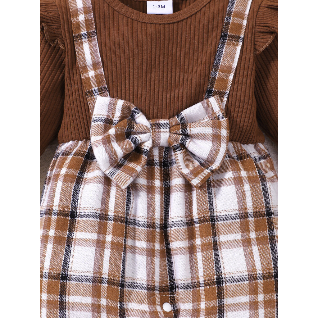 1-18Months Toddler Baby Clothes Long Sleeved Brown Plaid Romper with Headwear Newborn Baby Winter Wear