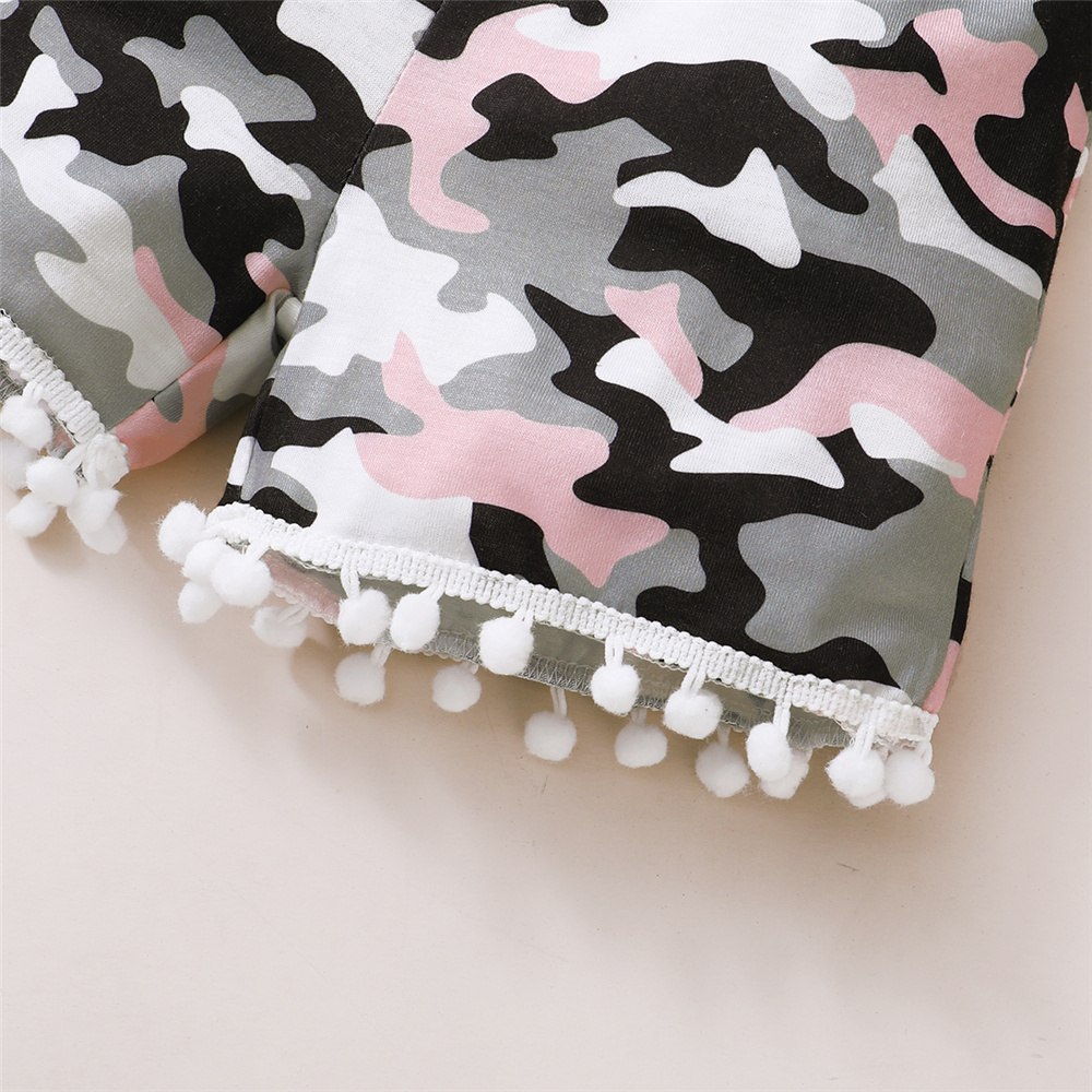【3PCS】 12M-5Y Baby Girl Clothes Set | "Little Miss Sassy Pants" Letters Print Tank Top + Camouflage Pom Pom Shorts + Bow Headband | Trendy Summer Set