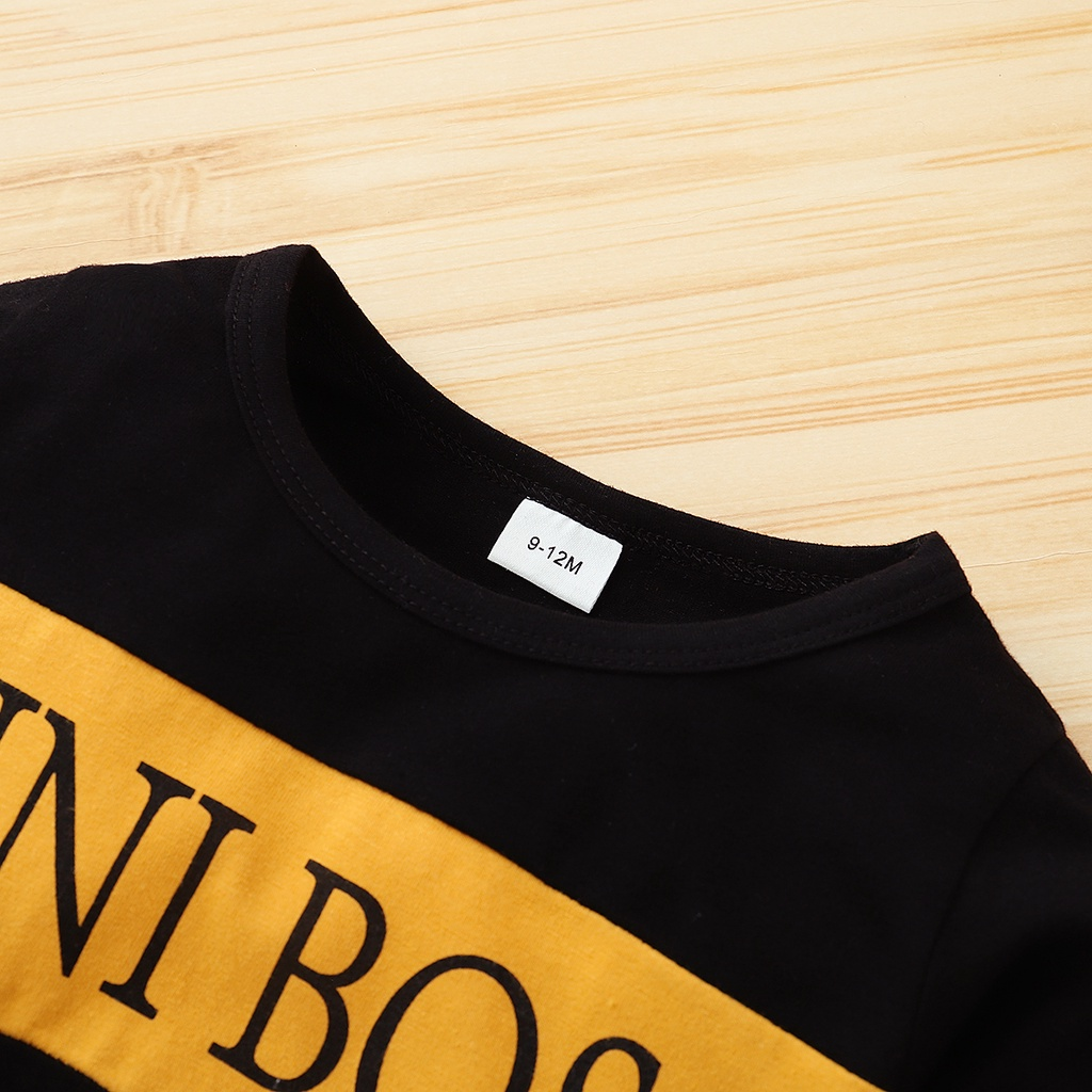 【2PCS】 0-18M Baby Boy Casual Set | ""MINI BOSS"" Print Sweatshirt + Black Pants with Yellow Slit Detail | Trendy Daily Wear