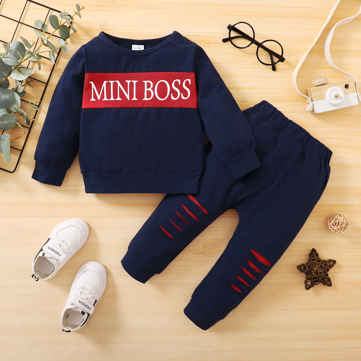 Baby Boy 2pcs Round Neck Long Sleeved Shirt Pants - Blue