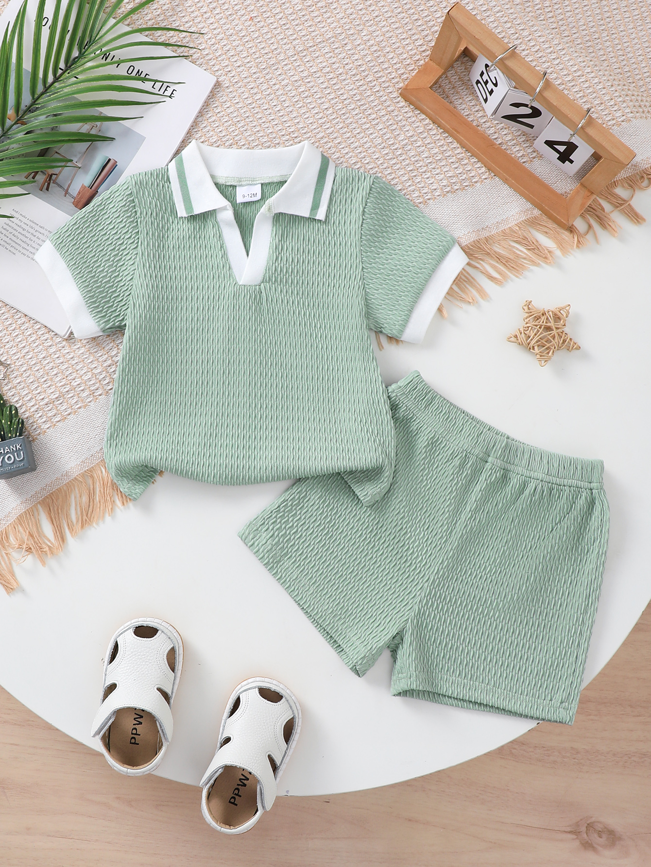Catpapa boy |【2PCS】 6M-3Y Baby Boy Summer Outfit | Mint Green Textured Polo Shirt + Matching Shorts | Casual Two-Piece Set | Boys clothes fashions | Boys short and shirt | BabyClothing