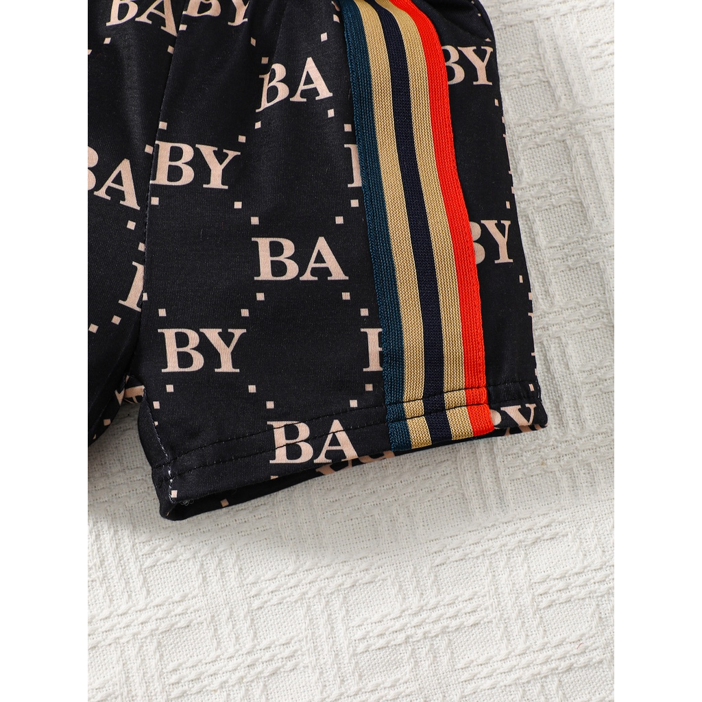 【6M-3Y】 2PCS Toddler Boy Outfit | Allover Letter Print T-shirt with Contrast Pocket + Striped Shorts | Trendy Casual Set