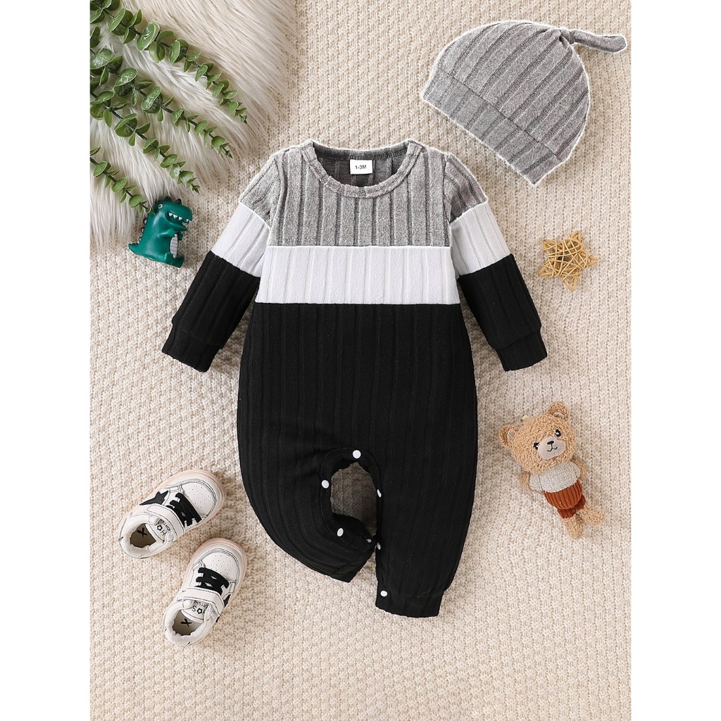 Catpapa boy |【2PCS】 0-18M Unisex Baby Clothes Set | Grey-White-Black Color Block Ribbed Romper + Matching Knit Hat | Comfortable Daily Wear | Babies dress | Boys clothes fashions